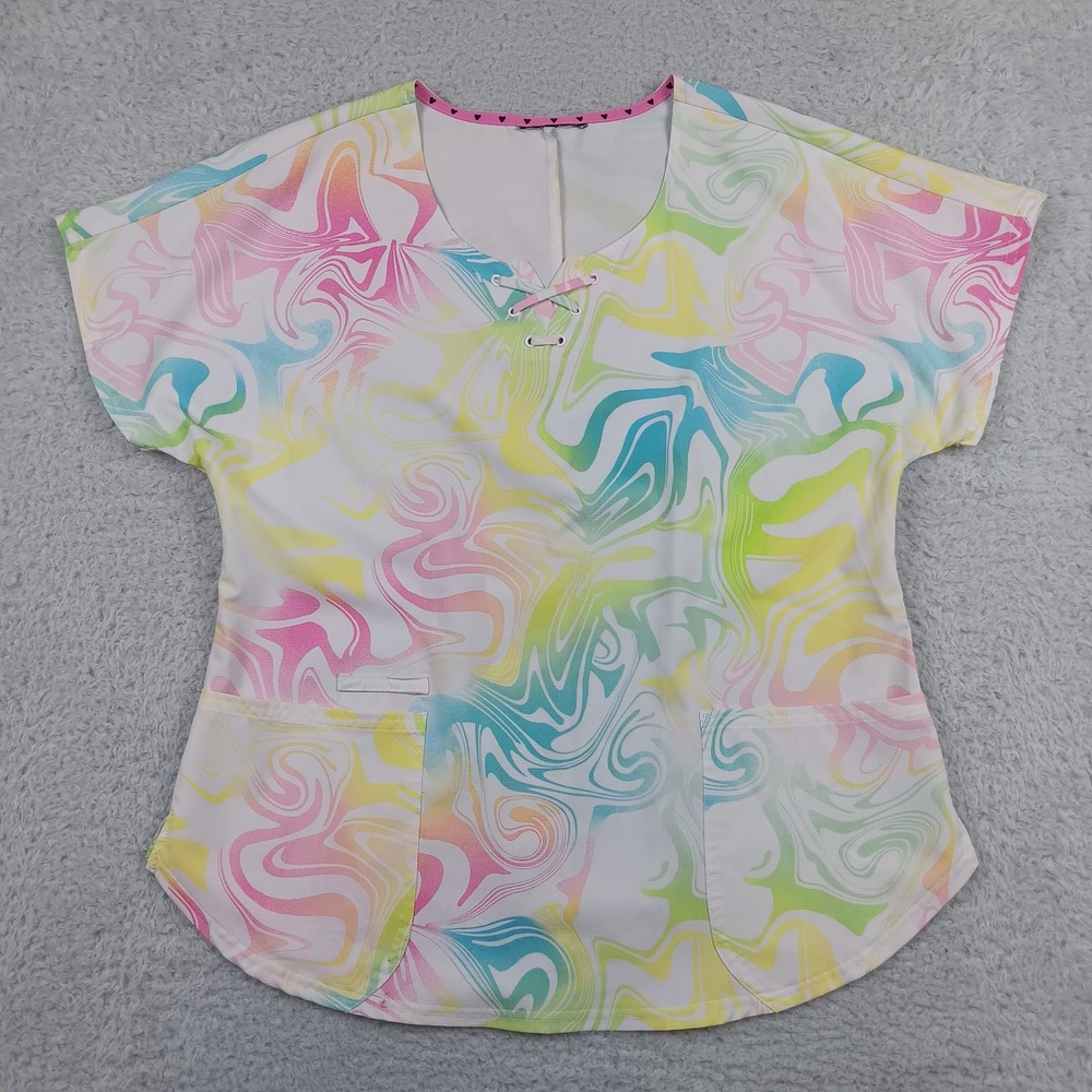 Healing Hands Scrub Top Women Medium Multicolor Marble Swirl Lace-up V-neck